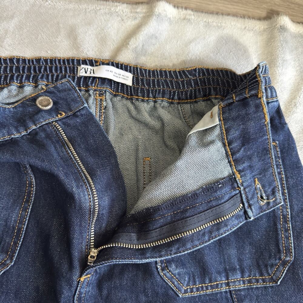 Zara Women’s Barrel Jeans 10 Elastic Waist Barrel Tapered Patch Pocket Baggy - Picture 8 of 12
